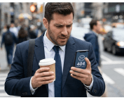 바쁜 일상 속에서 스마트폰으로 웹사이트 접속 오류를 겪으며 시간을 낭비하는 현대인의 모습