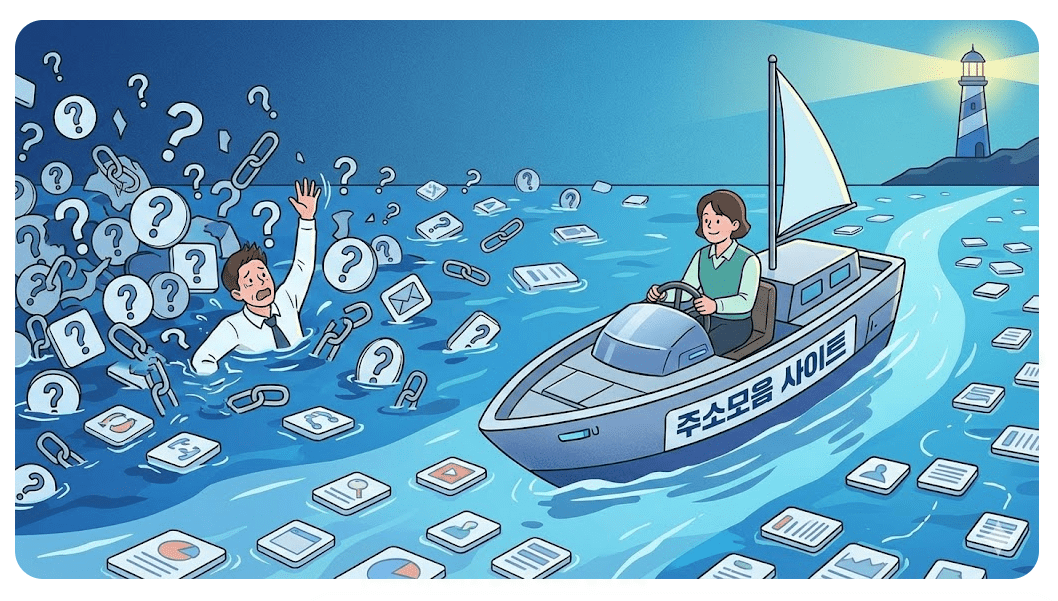 수많은 웹사이트 링크 속에서 길을 잃은 모습과 주소모음 사이트를 통해 효율적으로 정보를 관리하는 모습 비교