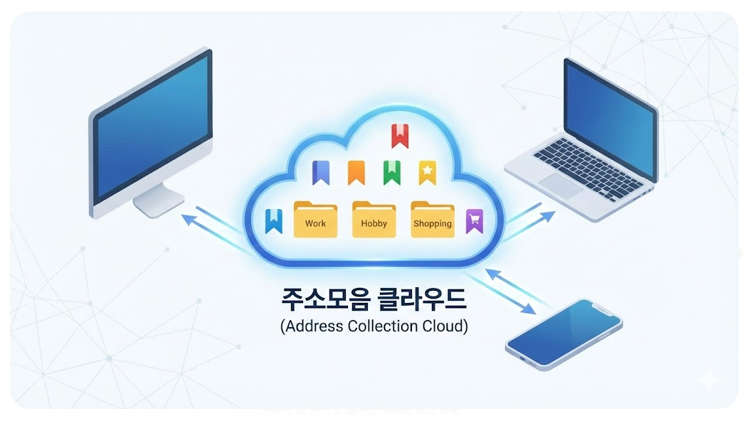 다양한 장르의 즐겨찾는 링크가 주소모음 사이트라는 하나의 플랫폼으로 통합 관리되는 개념도