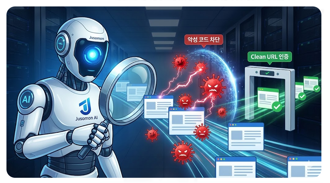 주소몬의 AI 몬스터 가디언 엔진이 악성 코드를 차단하고 안전한 링크만 제공하는 모습