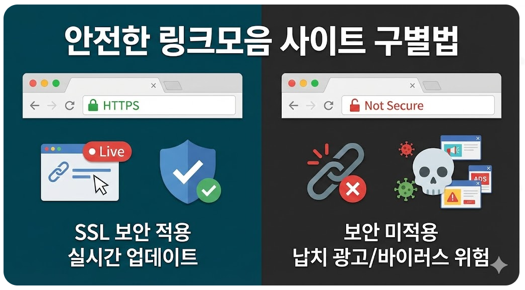 안전한 링크모음 사이트 구별을 위한 보안 체크리스트. HTTPS 적용 및 악성 광고 필터링 중요성 강조