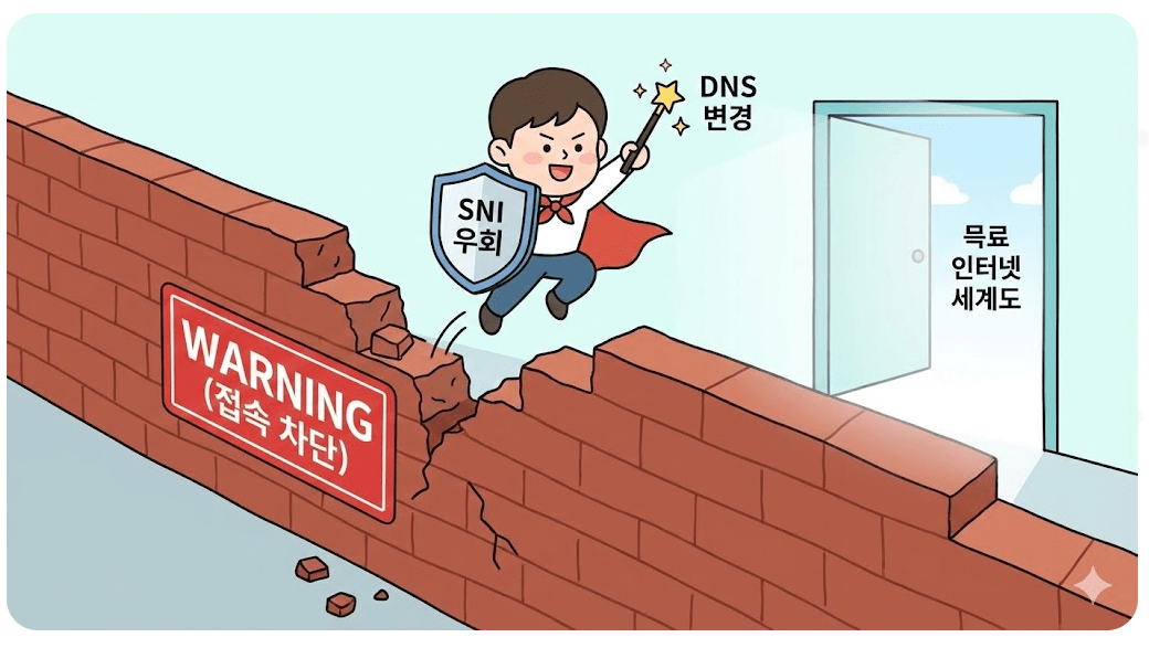 링크모음 사이트 이용 시 발생할 수 있는 접속 차단을 해결하는 우회 접속 기술(SNI, DNS) 개념도