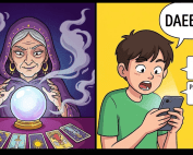 2026년 신년 운세와 심리테스트 결과를 스마트폰으로 간편하게 확인하고 놀라운 적중률에 감탄하는 모습