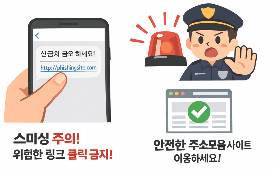 문자 스미싱과 악성 링크의 위험성을 경고하고 안전한 주소모음 사이트 사용의 중요성을 강조하는 모바일 보안 캠페인