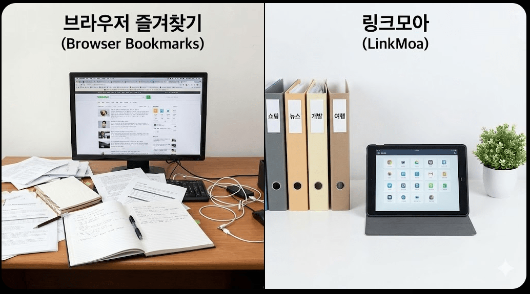 정리되지 않은 브라우저 즐겨찾기의 불편함과 깔끔하게 정리된 링크모아의 편리함을 비교한 스마트폰 정리 정돈 꿀팁