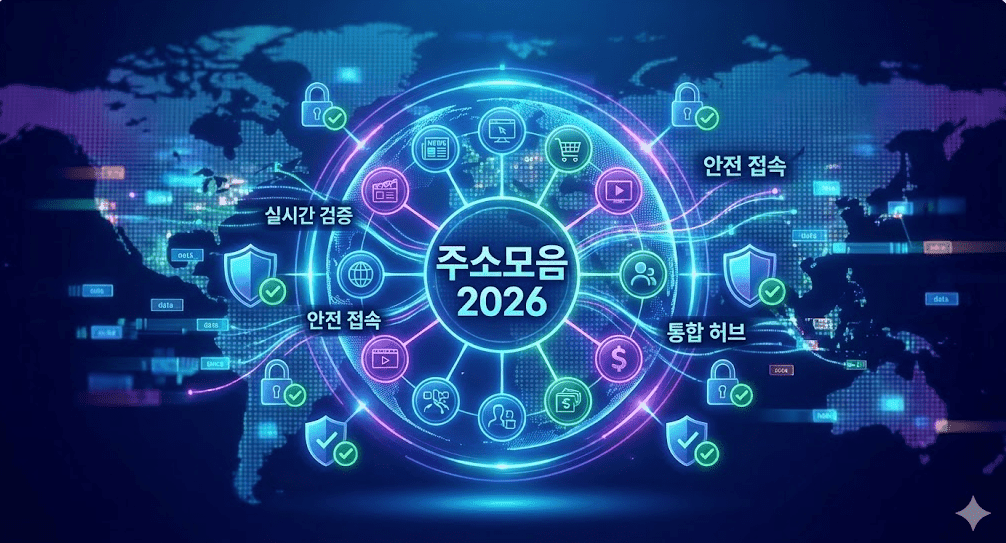 2026년형 주소모음 및 링크모음 플랫폼의 실시간 검증 시스템과 안전 접속 가이드를 시각화한 이미지. 중앙의 '주소모음 2026'을 중심으로 보안 쉴드와 네트워크가 연결되어 통합 주소허브의 역할을 표현함.