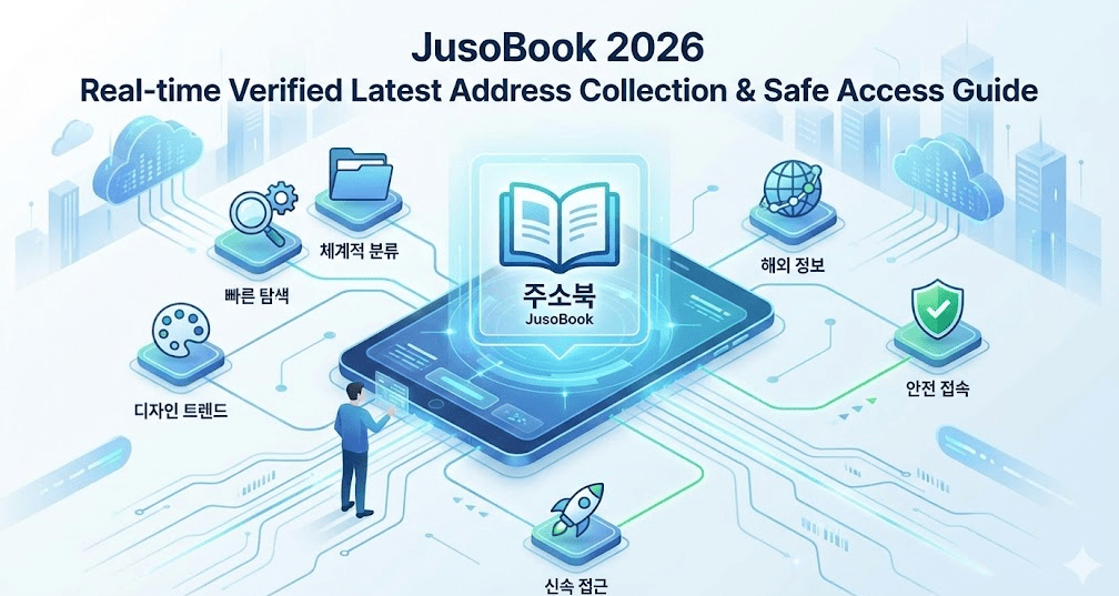 주소북 2026의 핵심 기능인 실시간 주소모음과 안전 접속 가이드를 시각화한 인포그래픽 이미지입니다. 중앙의 주소북 로고를 중심으로 빠른 탐색, 체계적 분류, 해외 정보, 안전 접속 등 주요 서비스가 네트워크로 연결되어 있습니다.