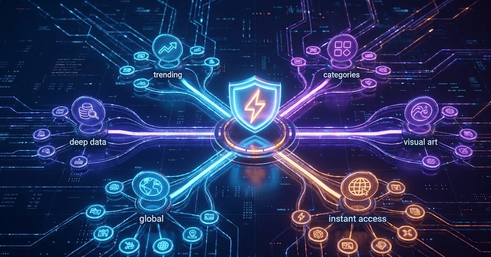 중앙의 번개 문양 방패 아이콘이 상징하는 강력한 보안과 속도를 중심으로, 트렌드(trending), 심층 데이터(deep data), 글로벌(global), 즉시 접근(instant access), 시각 예술(visual art), 카테고리(categories) 등 다양한 링크모음 기능이 네온 빛 회로로 연결된 미래형 디지털 허브 네트워크를 시각화한 이미지입니다.