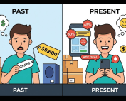 고물가 시대에 정가 구매로 고통받는 모습과 핫딜 및 해외직구를 통해 현명한 소비를 하는 스마트 컨슈머의 비교