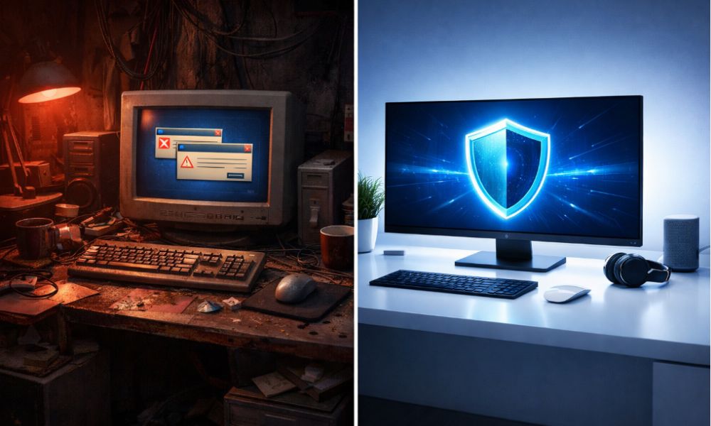 기존 주소모음 사이트의 복잡한 광고 화면과 주소몬의 깔끔한 인터페이스 비교