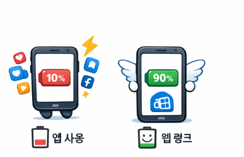 앱 사용 대비 웹 링크 사용 시의 배터리 절약 효과와 스마트폰 성능 향상을 보여주는 비교 이미지