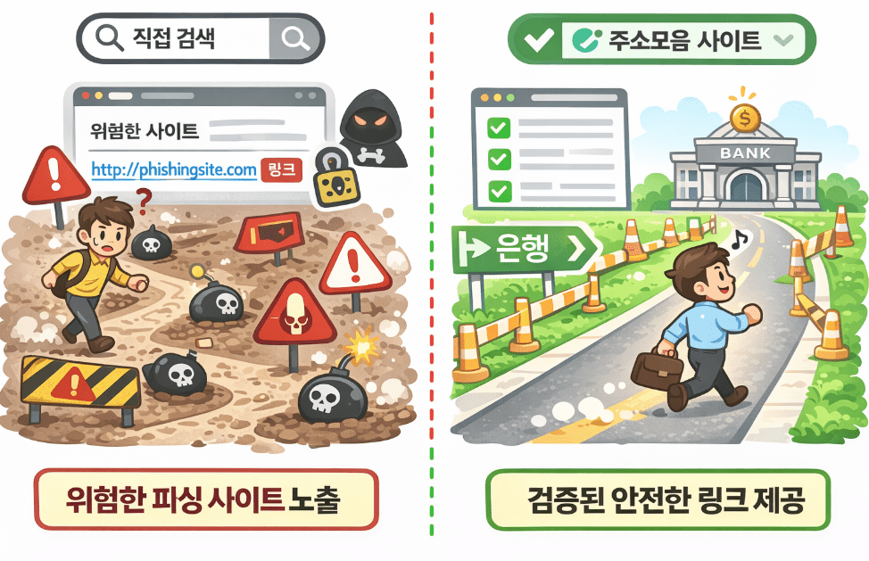 피싱 사이트 위험이 있는 직접 검색 방식과 검증된 링크만 제공하는 안전한 주소모음 사이트의 보안성 비교
