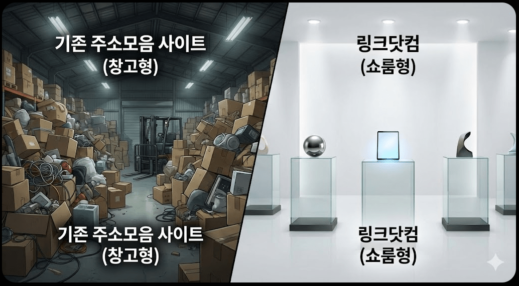 방대한 양을 자랑하는 기존 주소모음 사이트와 엄선된 필수 링크만을 제공하는 프리미엄 플랫폼 링크닷컴의 차이점