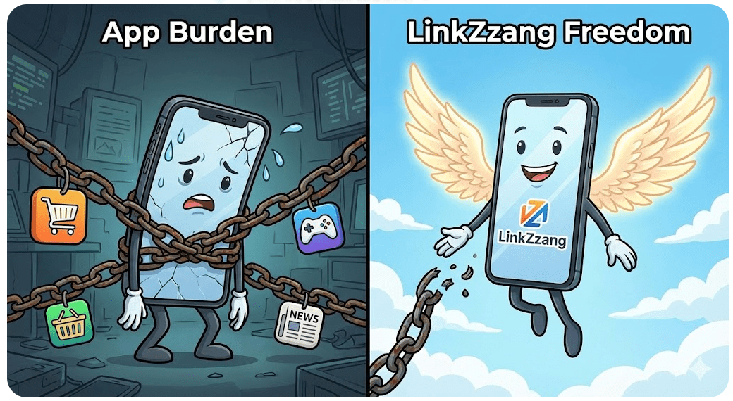 앱 설치로 인한 스마트폰의 성능 저하 문제를 해결하고 링크짱을 통해 가볍고 자유로워진 모바일 환경 비교