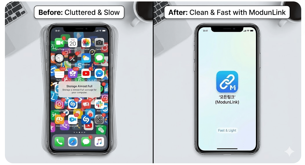 스마트폰 화면에 수많은 앱 아이콘이 가득 차서 무거워 보이는 모습과, '모든링크' 아이콘 하나로 심플하고 가볍게 정리된 스마트폰 화면을 대비시켜 보여주는 이미지