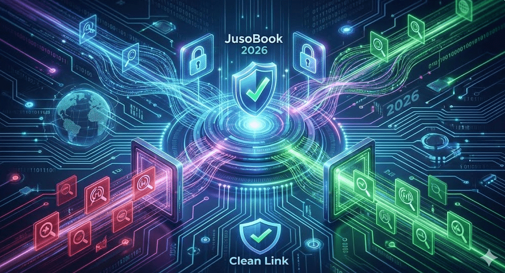 2026년형 실시간 웹사이트 주소 검증 및 보안 시스템을 시각화한 미래지향적 이미지입니다. 중앙의 방패 아이콘은 클린 링크를 상징하며, 위협적인 데이터가 필터링 되어 안전하게 변환되는 과정을 보여줍니다.