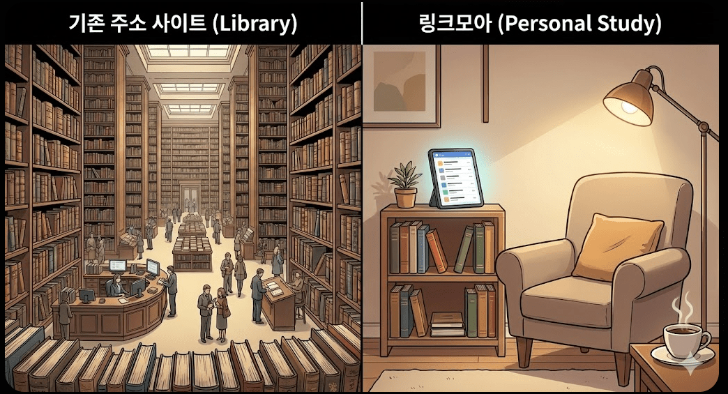 방대한 정보 검색에 유리한 기존 주소모음 사이트와 개인화된 사용성과 편의성에 집중한 링크모아의 차이점 비교