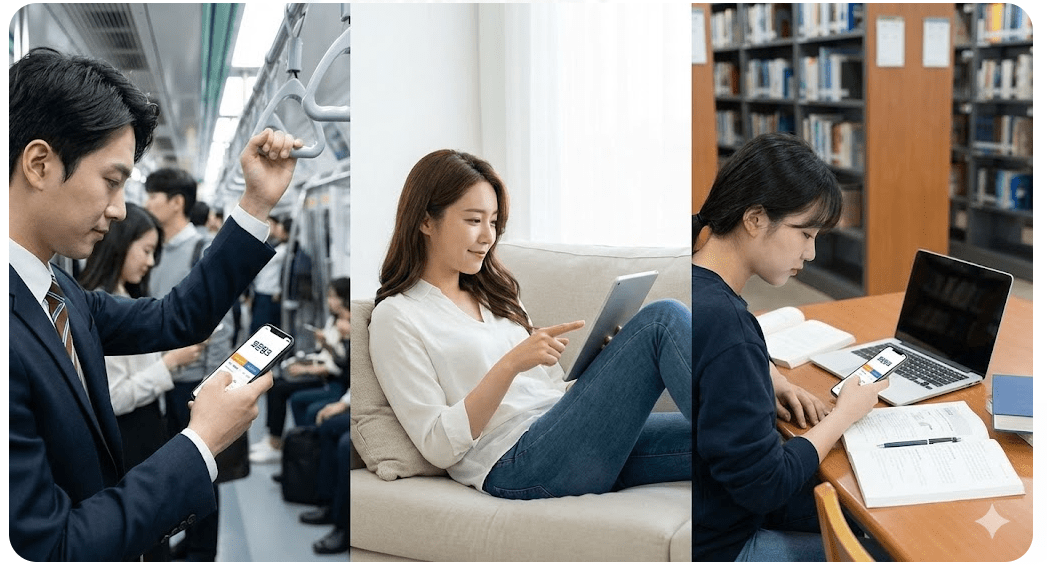 아침 출근길의 직장인, 집에서 휴식하는 주부, 도서관의 학생 등 다양한 사람들이 각자의 상황에 맞춰 '모든링크'의 다른 카테고리 탭을 이용하는 모습을 보여주는 라이프스타일 이미지