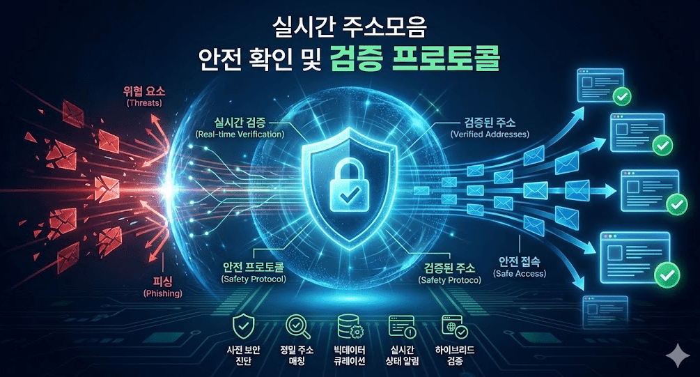 실시간 주소모음 안전 확인 및 검증 프로토콜 인포그래픽. 중앙의 보안 쉴드가 피싱 등 위협 요소를 차단하고, 검증된 주소와 안전한 접속 데이터만 통과시키는 과정을 시각화함. 하단에는 사전 보안 진단, 정밀 주소 매칭 등 5대 핵심 기술 아이콘이 포함되어 있음.