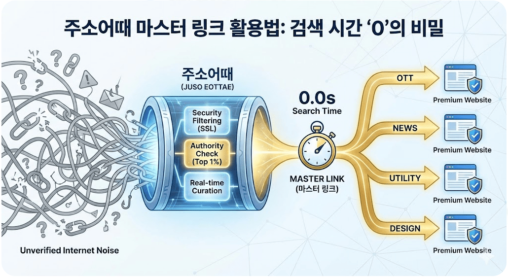 주소어때의 마스터 링크 필터링 시스템이 검색 시간을 0초로 단축시켜 검증된 프리미엄 사이트로 연결하는 과정을 보여주는 인포그래픽