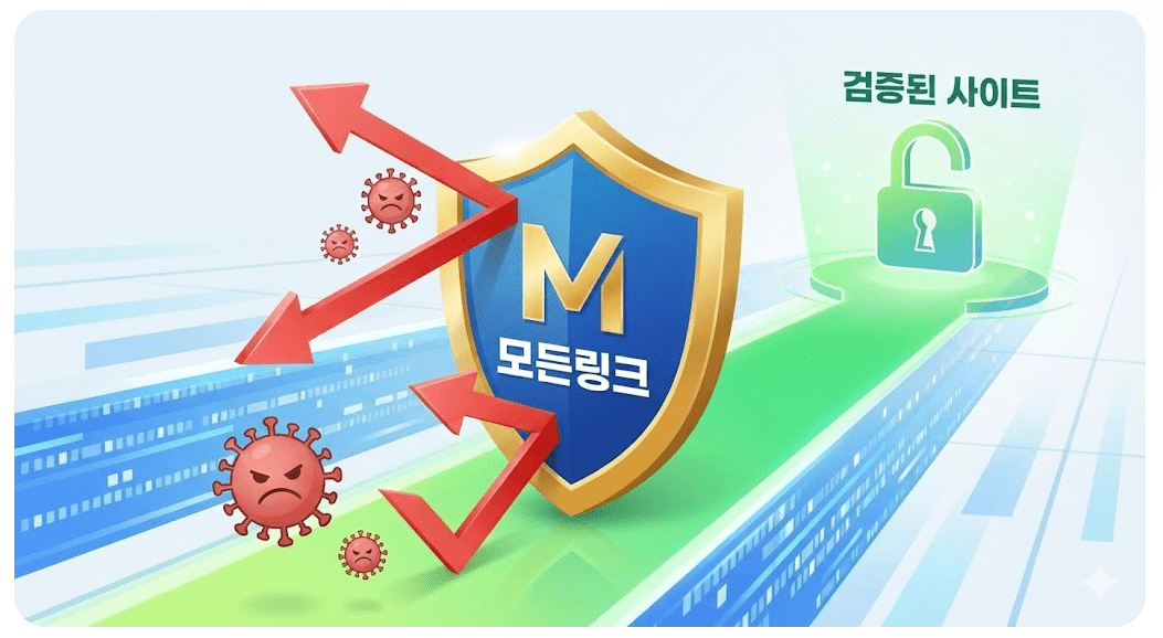 '모든링크'의 로고가 새겨진 방패 모양 아이콘이 바이러스나 피싱 사이트 같은 유해한 요소들을 막아내고, 안전하게 검증된 사이트로만 길이 열리는 모습을 형상화한 보안 이미지