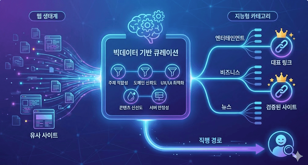 빅데이터 기반 카테고리 큐레이션 및 대표 링크 선정 로직을 보여주는 인포그래픽. 웹 생태계의 방대한 데이터를 주제 적합성, 도메인 신뢰도, UX/UI 최적화, 콘텐츠 신선도, 서버 안정성 등 5대 핵심 알고리즘 필터로 분석하여 지능형 카테고리별 대표 링크(검증된 사이트)를 선정하고, 사용자에게 직행 경로를 제공하는 과정을 시각화함.