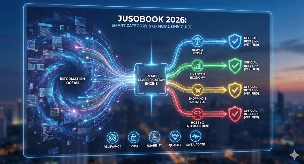 스마트 카테고리 분류 엔진 및 검증된 대표 링크 선정 과정을 시각화한 인포그래픽입니다. 혼잡한 정보의 바다에서 데이터를 뉴스, 쇼핑, 금융 등 분야별로 정밀하게 분류하는 흐름을 나타냅니다.