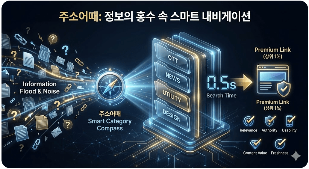 주소어때의 스마트 카테고리 시스템이 정보의 홍수 속에서 상위 1% 프리미엄 링크를 찾아주는 나침반 역할을 설명하는 인포그래픽