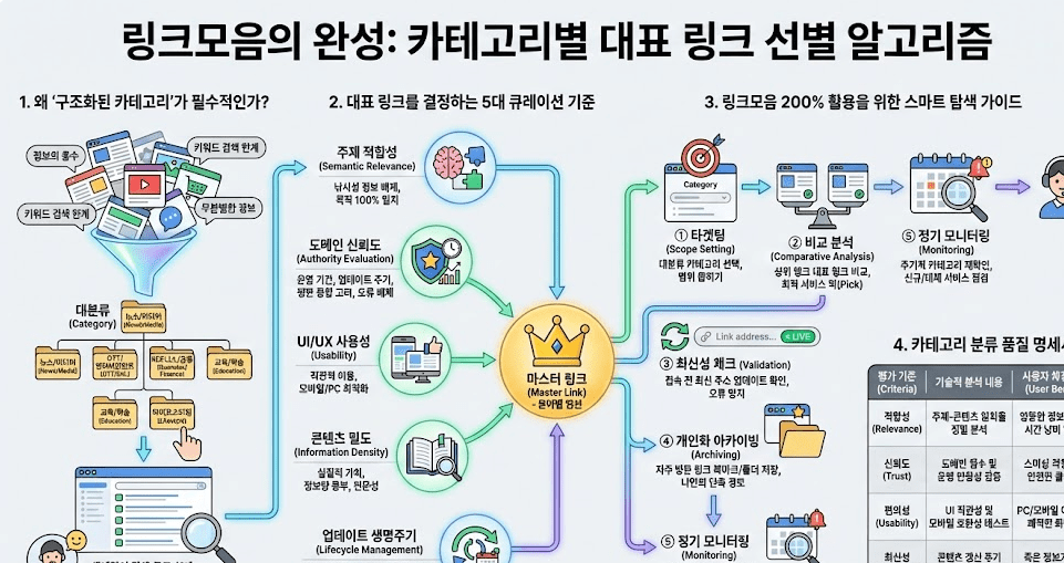 '링크모음의 완성: 카테고리별 대표 링크 선별 알고리즘' 인포그래픽입니다. 1. 정보의 홍수 속에서 구조화된 카테고리가 필요한 이유를 깔때기 필터링으로 시각화했습니다. 2. 주제 적합성, 도메인 신뢰도, UI/UX 사용성, 콘텐츠 밀도, 업데이트 생명주기 등 5대 큐레이션 기준을 통해 엄선된 '마스터 링크(Master Link)'를 중앙에 배치했습니다. 3. 우측에는 타겟팅부터 정기 모니터링까지 이어지는 스마트 탐색 가이드 5단계를 아이콘으로 설명하며, 4. 하단에는 카테고리 분류 품질 명세서 표를 통해 기술적 분석 내용과 사용자 체감 효과를 비교 분석하고 있습니다.