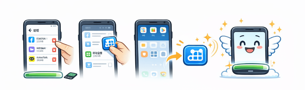 [이미지 5 삽입: 스마트폰 설정 화면에서 앱을 삭제하여 메모리를 확보하는 모습과, 홈 화면에 주소몬 아이콘을 추가하여 쾌적하게 사용하는 과정을 보여주는 단계별 이미지] (Alt 태그: 앱 삭제와 주소몬 홈 화면 추가 기능을 통해 스마트폰 메모리(RAM)를 확보하고 속도를 높이는 최적화 방법)