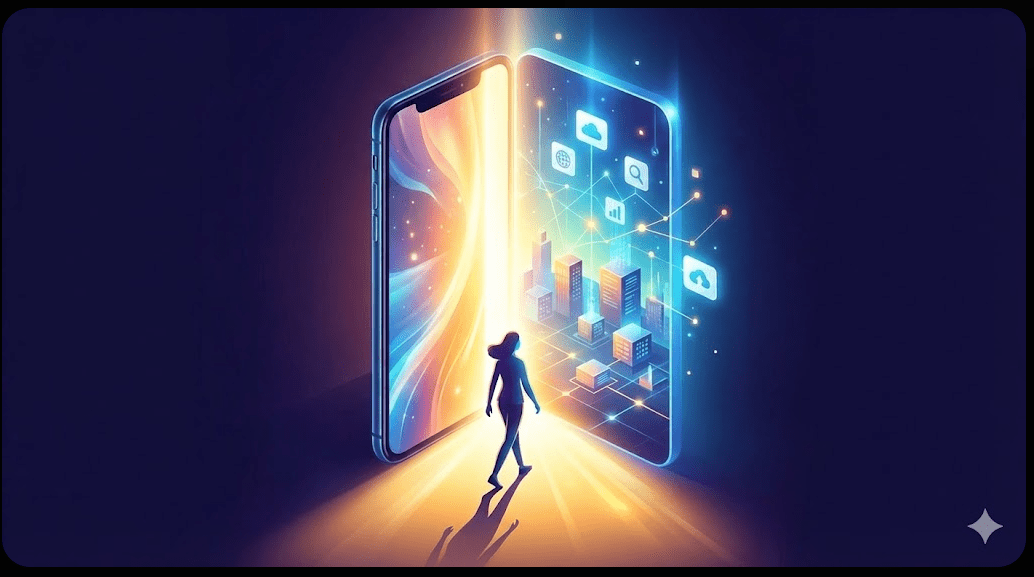 복잡한 스마트폰 환경을 벗어나 체계적이고 쾌적한 링크나라의 세계로 진입하는 스마트한 모바일 유저의 모습