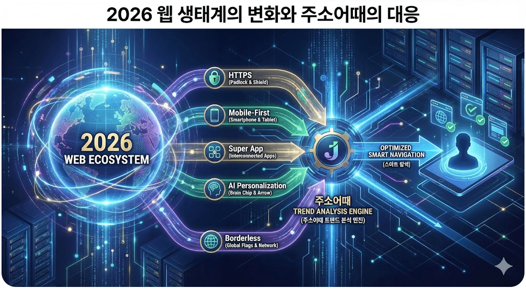 2026년 웹 생태계의 5대 핵심 변화(HTTPS, 모바일 퍼스트, AI 등)를 실시간으로 분석하여 최적의 탐색 경험을 제공하는 주소어때 트렌드 대응 전략 인포그래픽