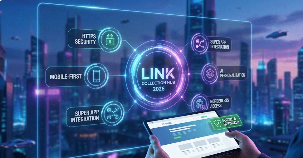 미래 도시의 야경을 배경으로 사용자가 태블릿을 들고 있는 모습입니다. 태블릿 화면 위로 홀로그램 인터페이스가 떠 있으며, 중앙의 'LINK COLLECTION HUB 2026' 로고를 중심으로 5가지 핵심 웹 트렌드 요소인 'HTTPS SECURITY(보안)', 'MOBILE-FIRST(모바일 최적화)', 'SUPER APP INTEGRATION(슈퍼 앱 통합)', 'AI PERSONALIZATION(AI 개인화)', 'BORDERLESS ACCESS(글로벌 접근성)'가 아이콘과 함께 연결되어 있습니다. 태블릿 화면에는 'SECURE & OPTIMIZED(안전 및 최적화)' 배지가 표시된 웹페이지가 열려 있어, 링크모음 서비스가 미래 웹 환경에 어떻게 대응하는지 시각적으로 보여줍니다.
