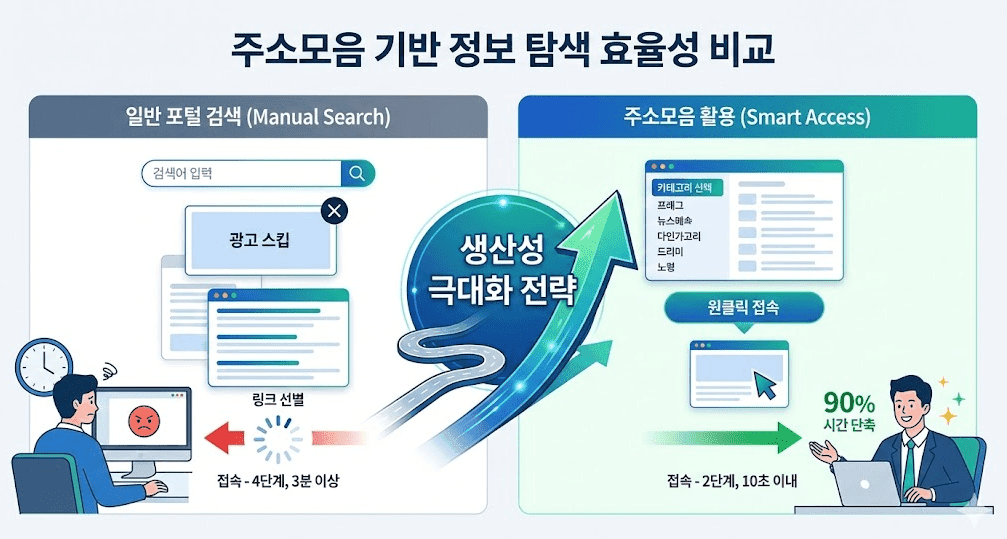 주소모음 기반 정보 탐색 효율성 비교 인포그래픽. 왼쪽은 '일반 포털 검색'이 4단계에 걸쳐 3분 이상 소요되는 복잡한 과정임을 보여주며 사용자가 좌절하는 모습이다. 오른쪽은 '주소모음 활용'이 카테고리 선택과 원클릭 접속의 2단계만으로 10초 이내에 완료되어 90%의 시간을 단축하는 생산성 극대화 전략임을 보여주며 사용자가 만족해하는 모습이다.
