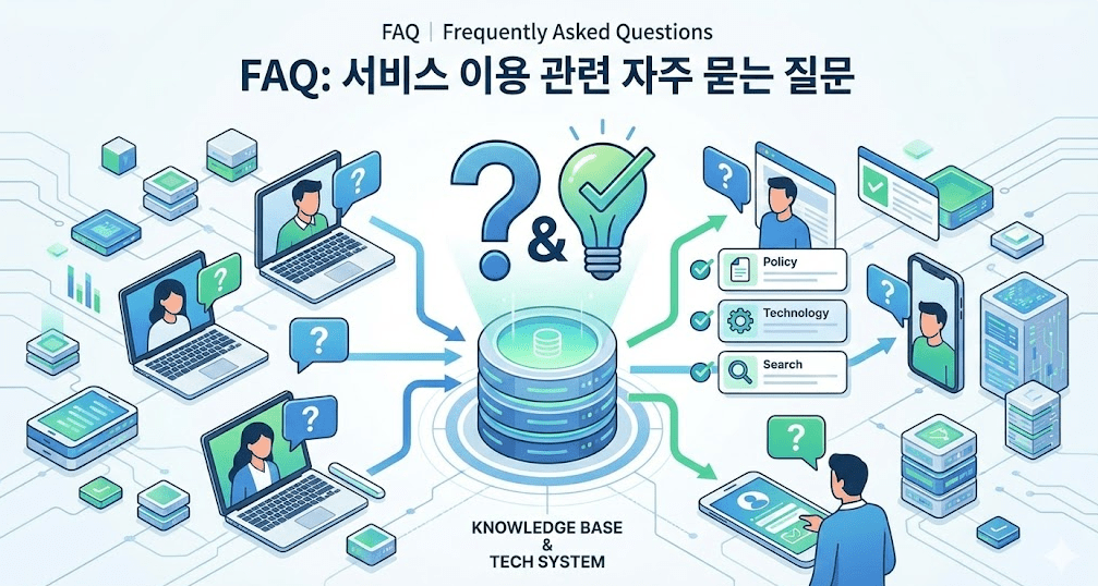 "FAQ: 서비스 이용 관련 자주 묻는 질문" 타이틀의 인포그래픽입니다. 중앙의 물음표와 체크된 전구 아이콘을 중심으로, 사용자들이 다양한 기기(노트북, 스마트폰)로 질문을 보내면 중앙의 '지식 베이스 및 기술 시스템(KNOWLEDGE BASE & TECH SYSTEM)'이 이를 처리하여 정책(Policy), 기술(Technology), 검색(Search) 카테고리별로 정확한 답변을 제공하는 과정을 시각화했습니다.