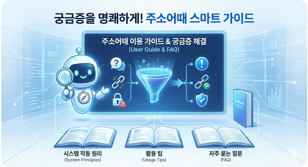 주소어때 스마트 가이드 로봇이 사용자 궁금증을 해결하는 과정을 보여주고, 시스템 작동 원리, 활용 팁, 자주 묻는 질문(FAQ) 매뉴얼을 안내하는 인포그래픽